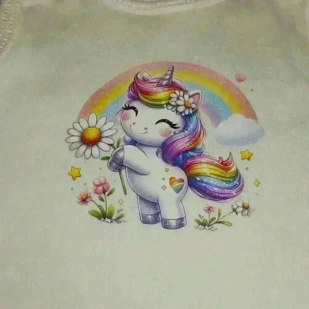 NWOT - Handmade White New Born Bodysuit - Unicorn Flowers & Rainbows